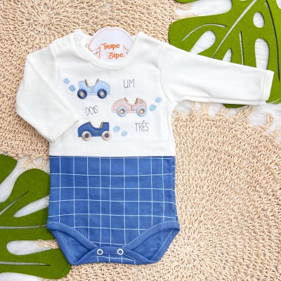 Kit 3 Peças - Bodys Manga Longa - Um, Dois, Três e Já! - Off White, Areia e Azul Bebê